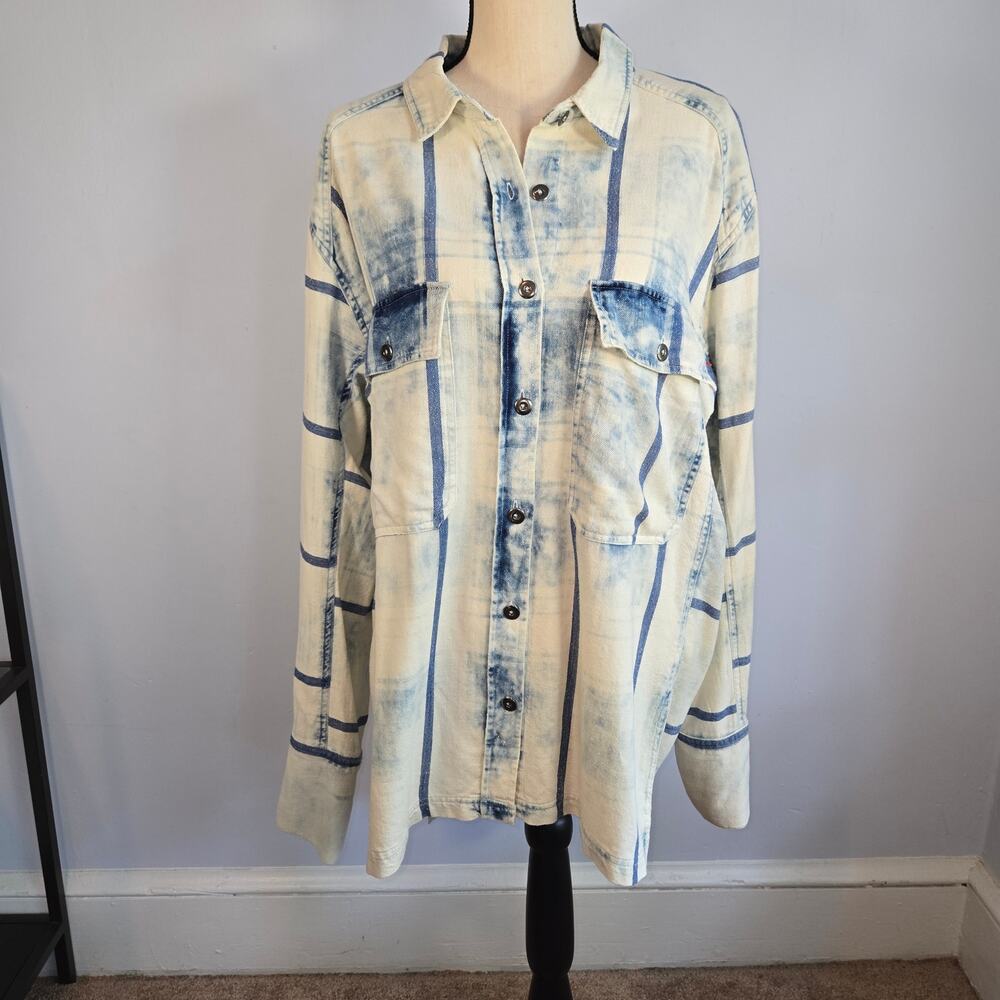 Free People No Limits Striped Shacket Shirt Indigo Plaid Bleach Wash Medium